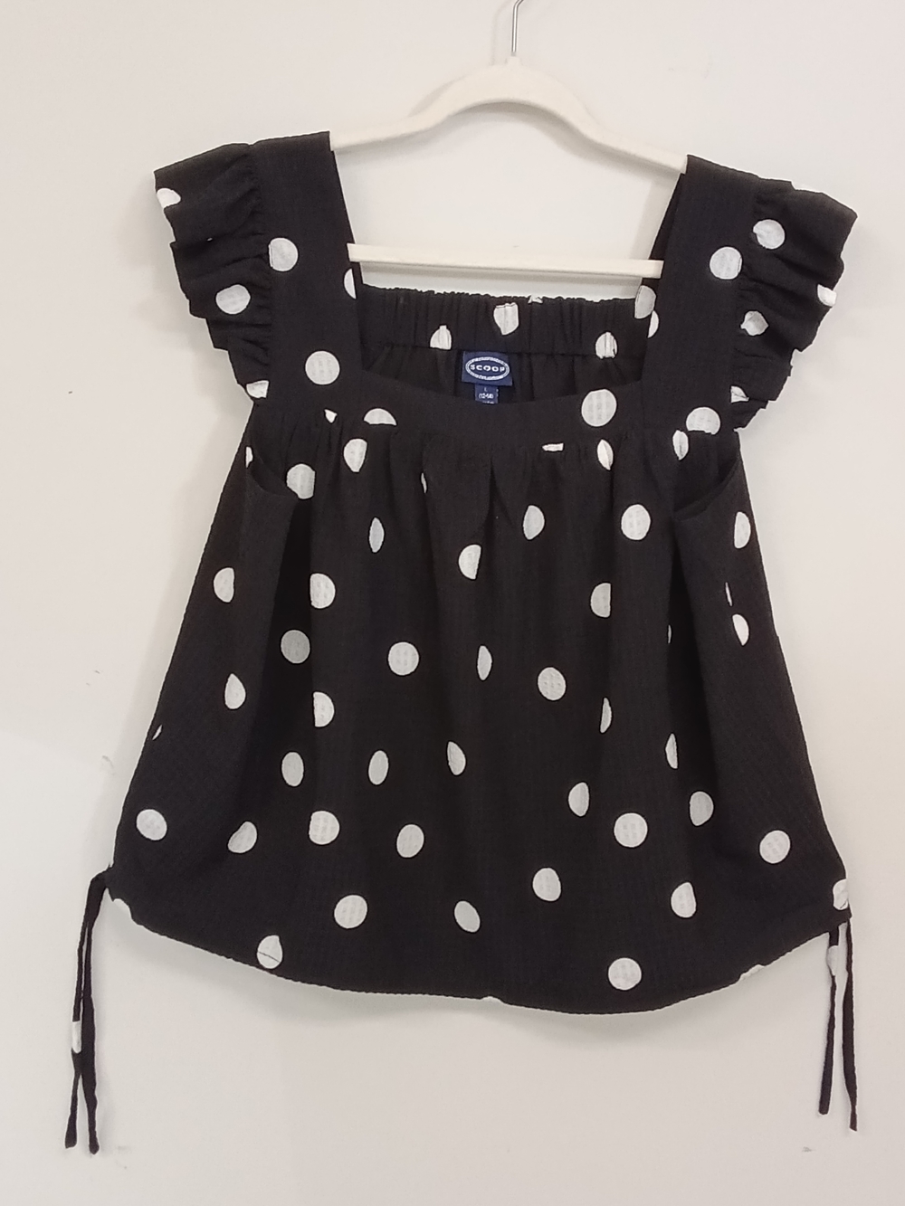 Scoop Black & White Polka Dot Ruffle Babydoll Drawstring Tank Top L